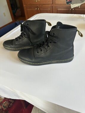 Dr. Martens Black Leather Ankle Boots with Yellow Stitching